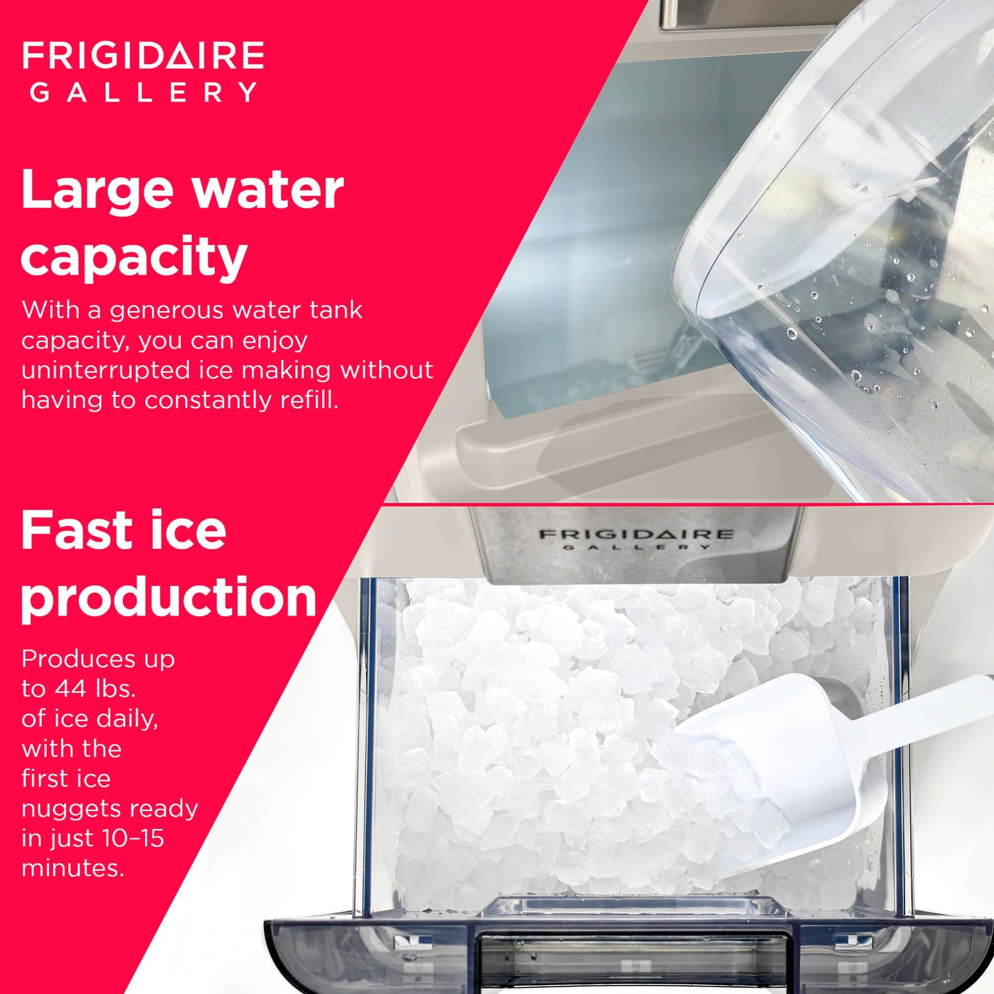 FRIGIDAIRE Gallery Countertop Crunchy Chewable Nugget Ice Maker, 44lbs per Day, Auto Self Cleaning, 2.0 Gen- 14.6" D x 10.00" W x 16.5" H (Cream)