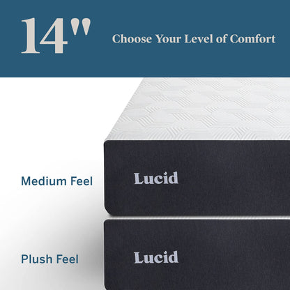 LUCID 14 Inch Memory Foam Mattress - Plush Feel - Gel Infusion - Hypoallergenic Bamboo Charcoal - Breathable Cover - King