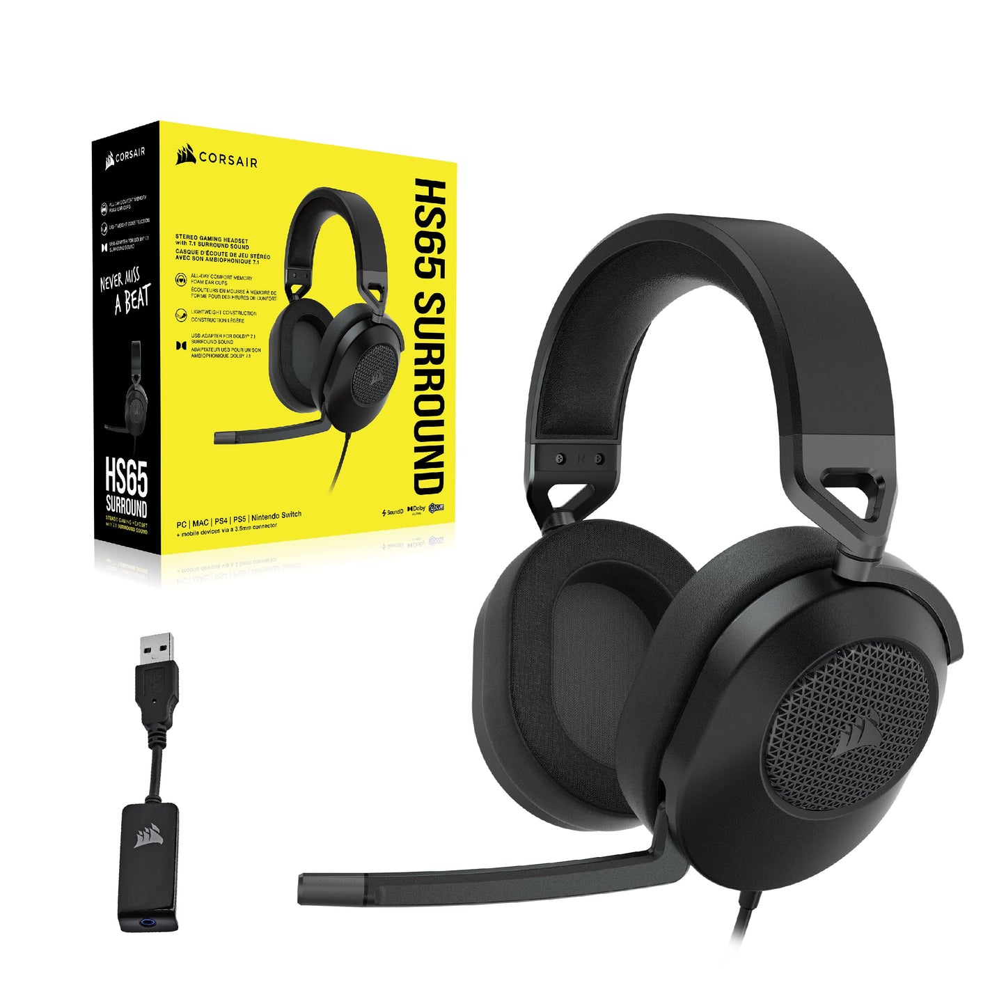 CORSAIR HS65 SURROUND Multiplatform Wired Gaming Headset – Dolby Atmos – SonarWorks SoundID – iCUE Compatible – PC, Mac, PS5, PS4, Xbox, Nintendo Switch, Mobile – Carbon