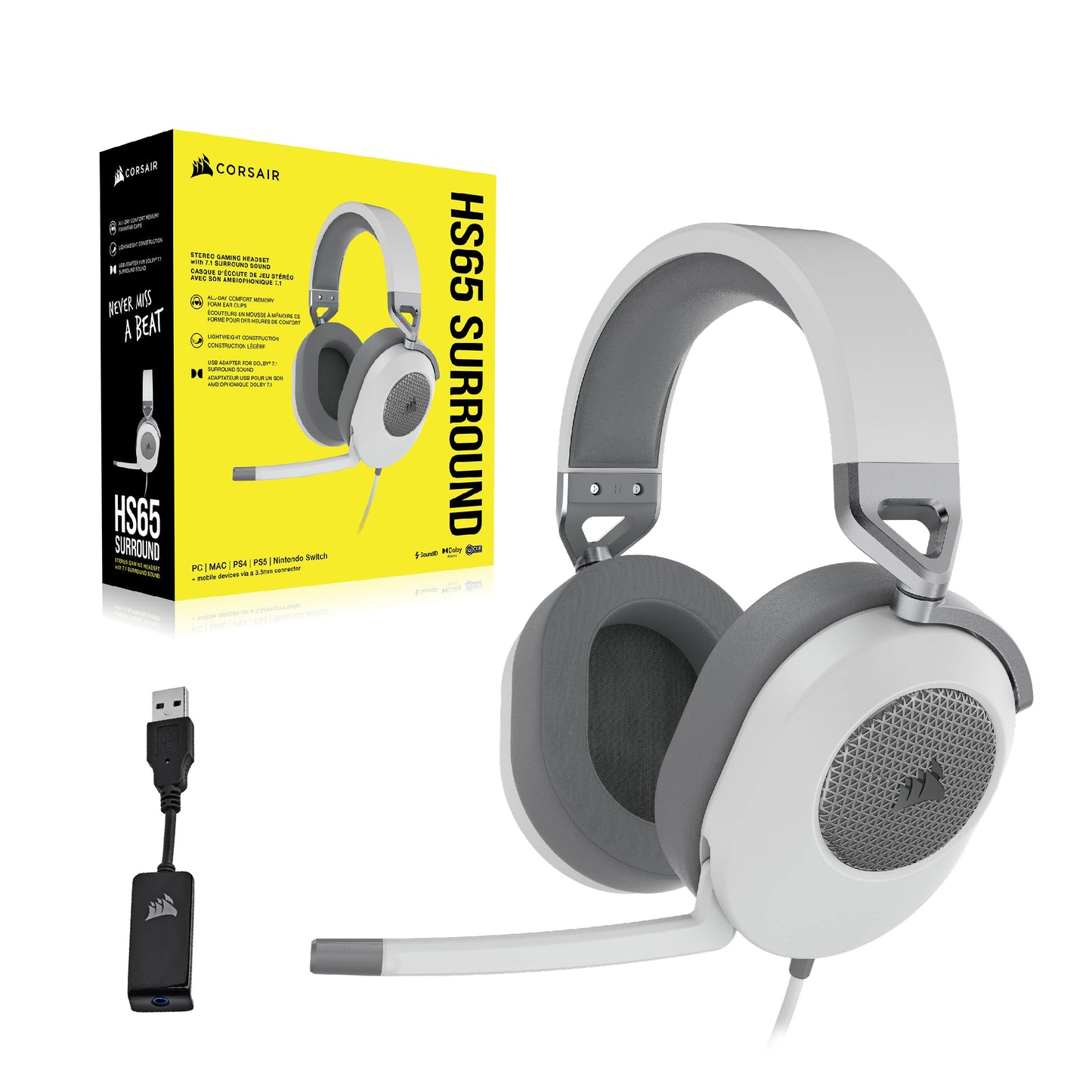 CORSAIR HS65 SURROUND Multiplatform Wired Gaming Headset – Dolby Atmos – SonarWorks SoundID – iCUE Compatible – PC, Mac, PS5, PS4, Xbox, Nintendo Switch, Mobile – White