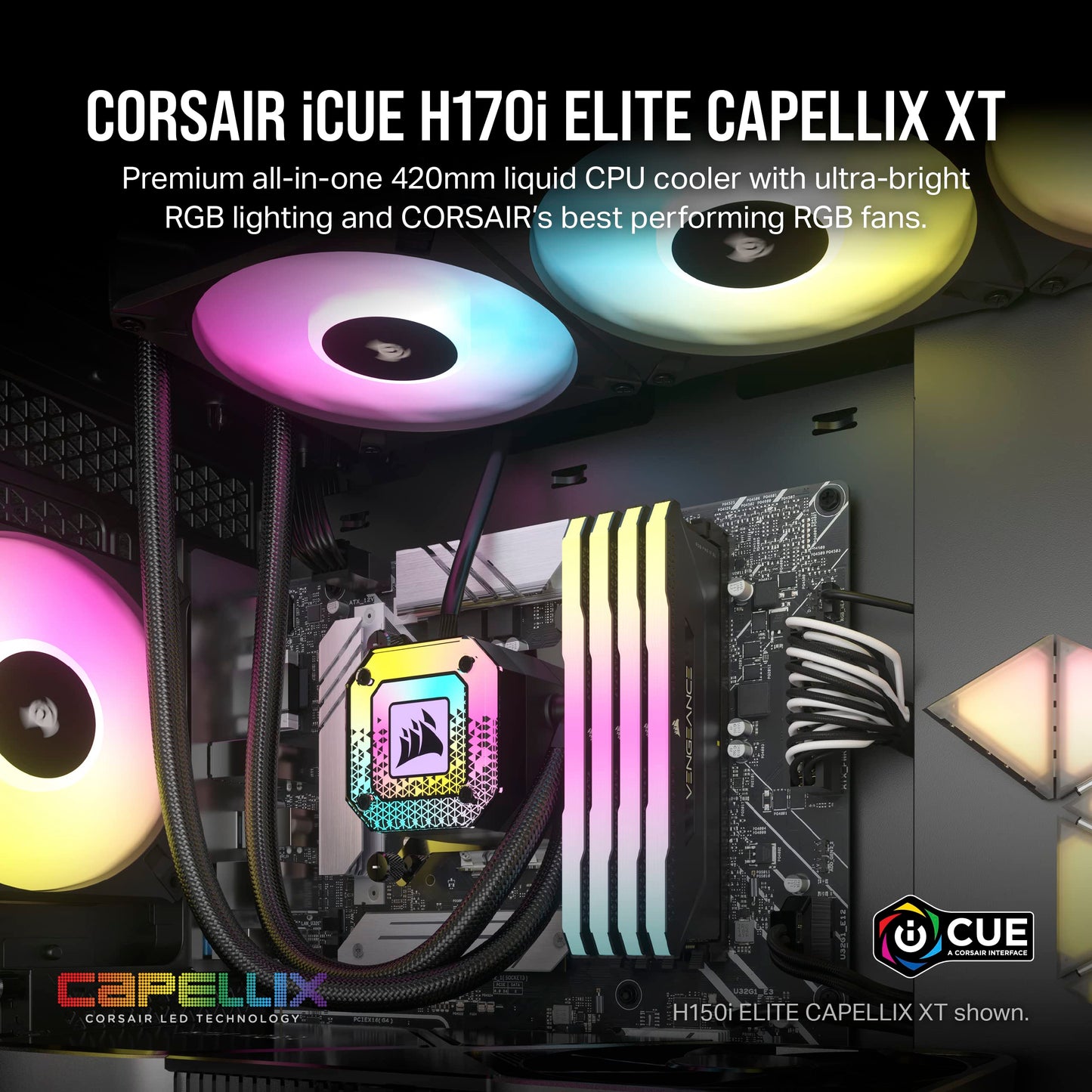 Corsair iCUE H170i Elite CAPELLIX XT Liquid CPU Cooler - Three AF140 RGB Elite Fans - 420mm Radiator - Intel® LGA 1700, 1200, 115X, 2066, AMD® AM5, AM4 - Included iCUE Commander CORE - Black 420mm AIO