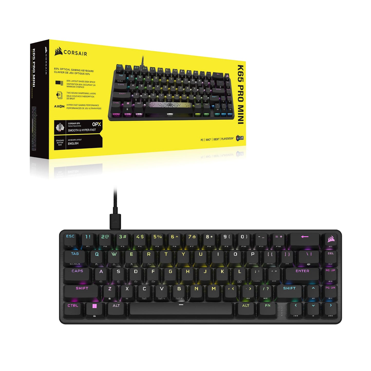 Corsair K65 PRO Mini RGB 65% Optical-Mechanical Wired Gaming Keyboard - OPX Switches - PBT Double-Shot Keycaps - iCUE Compatible - QWERTY NA Layout - Black CORSAIR OPX Switches