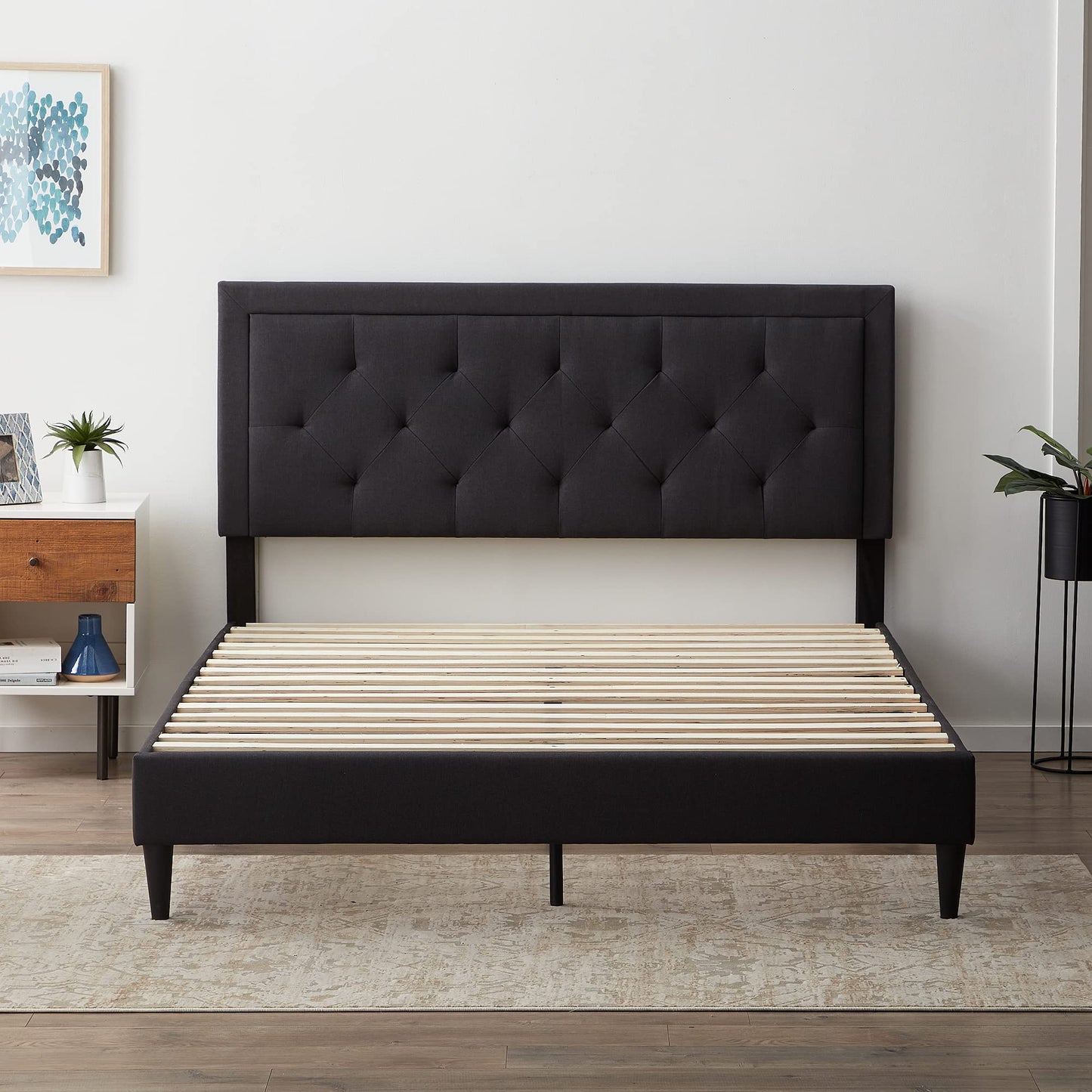 LUCID Upholstered Bed with Diamond Tufted Headboard-Sturdy Wood Build-No Box Spring Required Platform, Queen, Charcoal