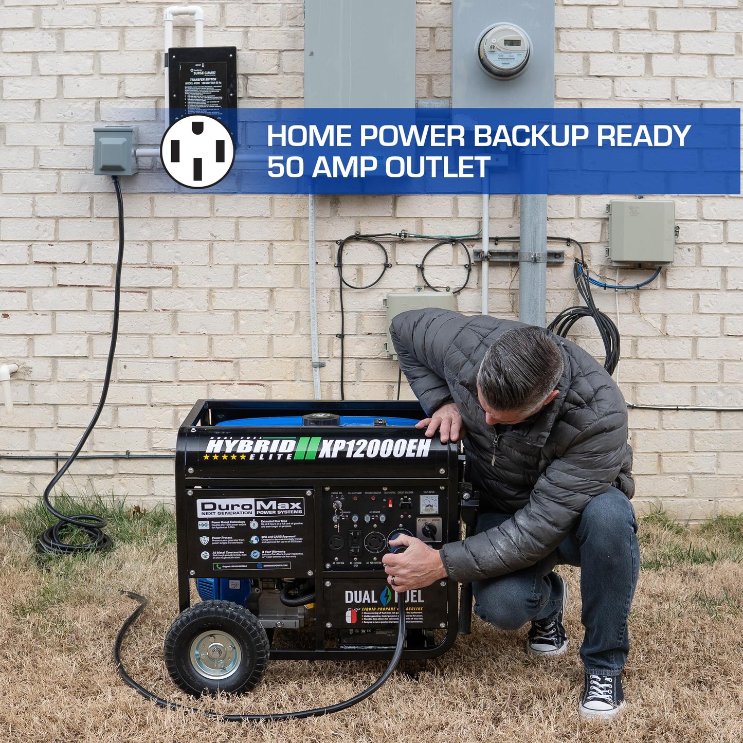 DuroMax XP12000EH Generator-12000 Watt Gas or Propane Powered Home Back Up & RV Ready, 50 State Approved Dual Fuel Electric Start Portable Generator, Black and Blue 12,000-Watt Dual Fuel