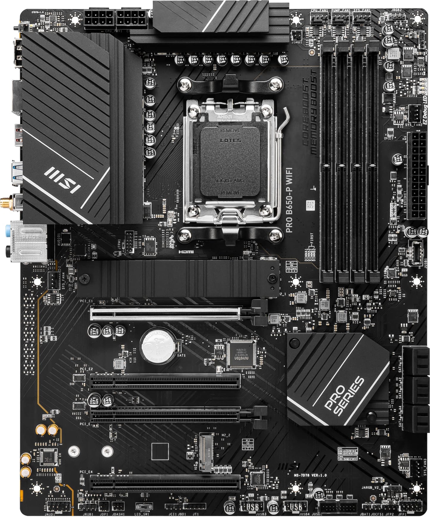 MSI PRO B650-P WiFi ProSeries Motherboard (AMD AM5, ATX, DDR5, PCIe 4.0, M.2, SATA 6Gb/s, USB 3.2 Gen 2, HDMI/DP, Wi-Fi 6E, AMD Ryzen 7000 Series Desktop Processors)