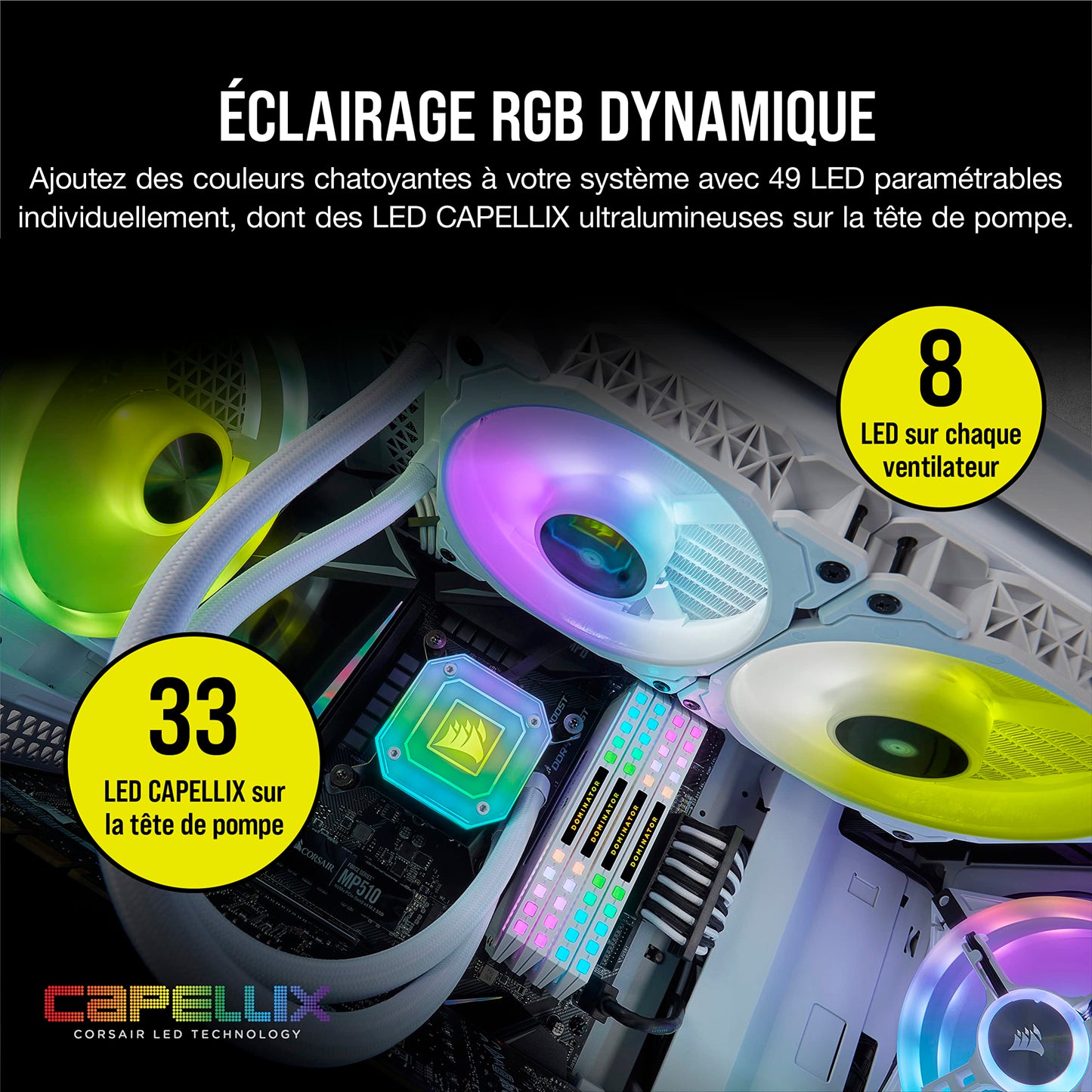 Corsair iCUE H100i Elite Capellix Liquid CPU Cooler - White Rgb Pump + Fans White 240mm Radiator