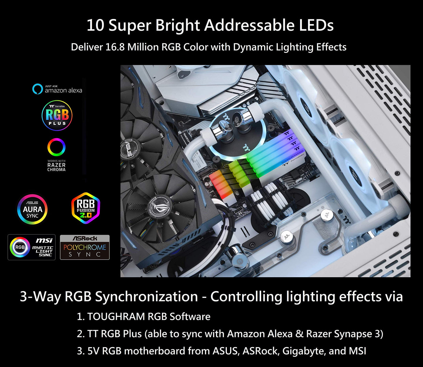 Thermaltake TOUGHRAM RGB White DDR4 4000MHz 16GB (8GB x 2) 16.8 Million Color RGB Alexa/Razer Chroma/5V Motherboard Syncable RGB Memory R022D408GX2-4000C19A