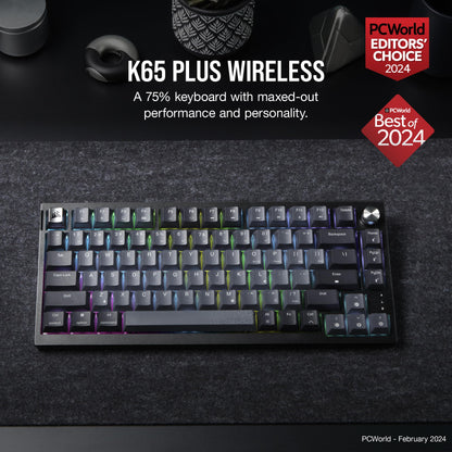 Corsair K65 Plus Wireless 75% RGB Mechanical Gaming Keyboard – Pre-Lubricated MLX Red Linear Switches – PBT Dye-Sub Keycaps – PC, Mac, PS5, PS4, Xbox, iPad – QWERTY NA – Black/Gray