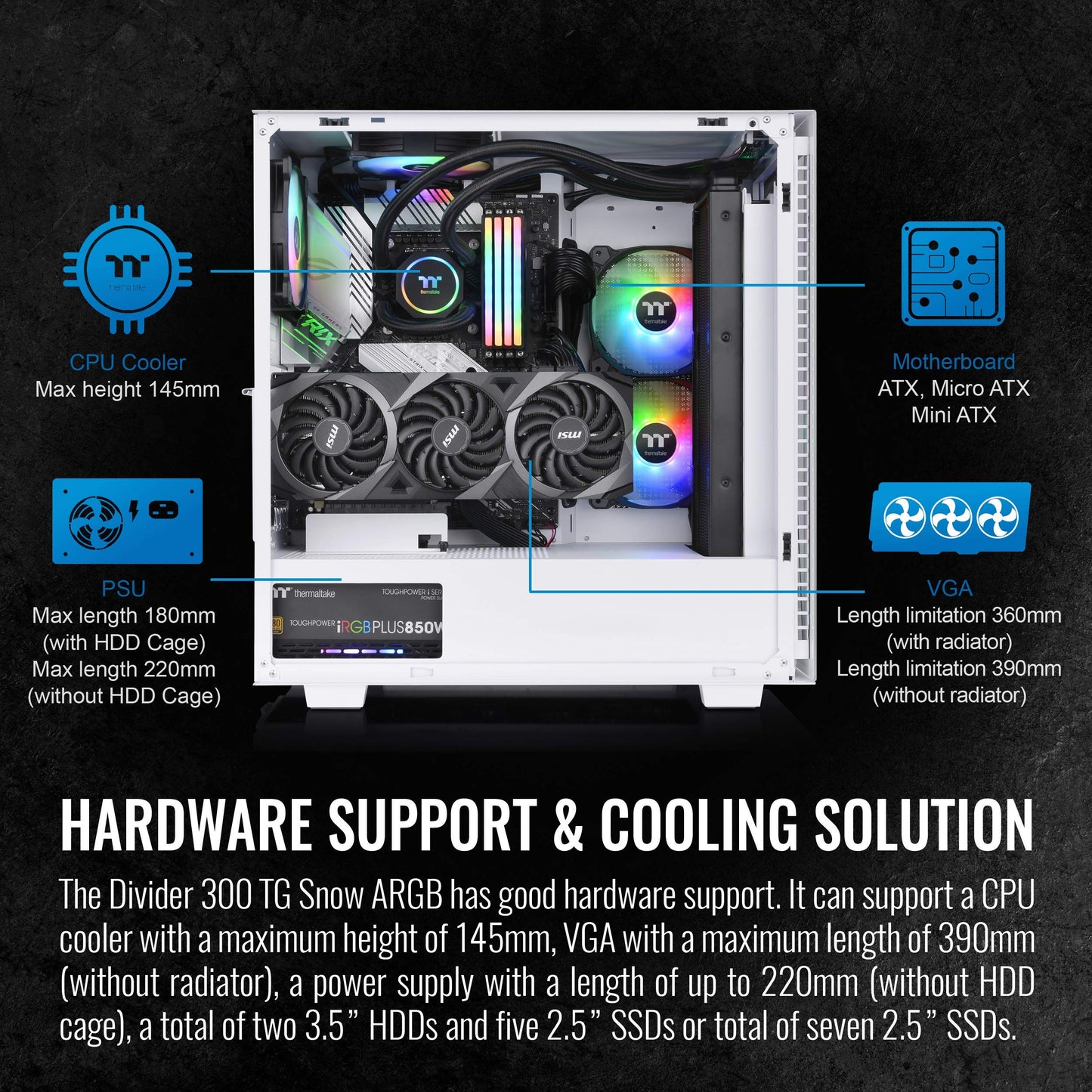 Thermaltake Technoloy Divider 300 ARGB Snow Triangular Tempered Glass Type-C (USB 3.1 Gen 2) Water Cooling Ready ATX Mid Tower Computer Case with 3 120mm ARGB Rear Fan Pre-Installed CA-1S2-00M6WN-01