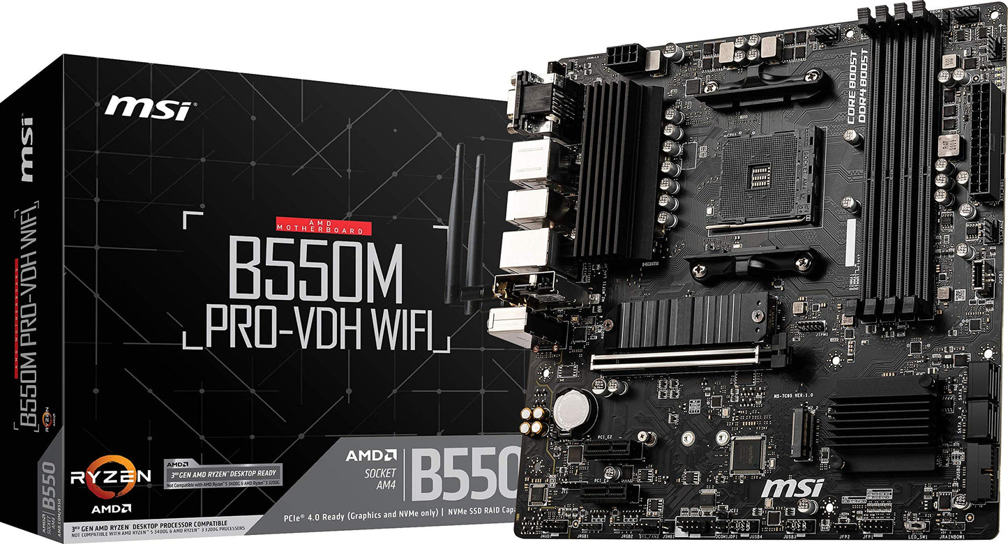 MSI B550M PRO-VDH WiFi ProSeries Motherboard (AMD AM4, DDR4, PCIe 4.0, SATA 6Gb/s, M.2, USB 3.2 Gen 1, AX Wi-Fi 6, D-SUB/HDMI/DP, Micro-ATX)