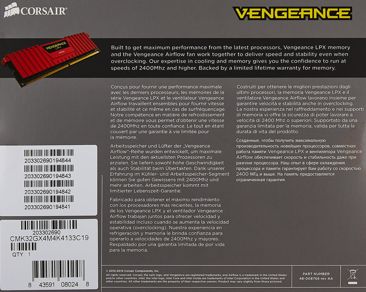 Corsair CMK32GX4M4K4133C19 Vengeance LPX 32GB (4x8GB) DDR4 4133 (PC4-33000) C19 PC Memory Black 32GB Kit (4x8GB) 4133MHz C19