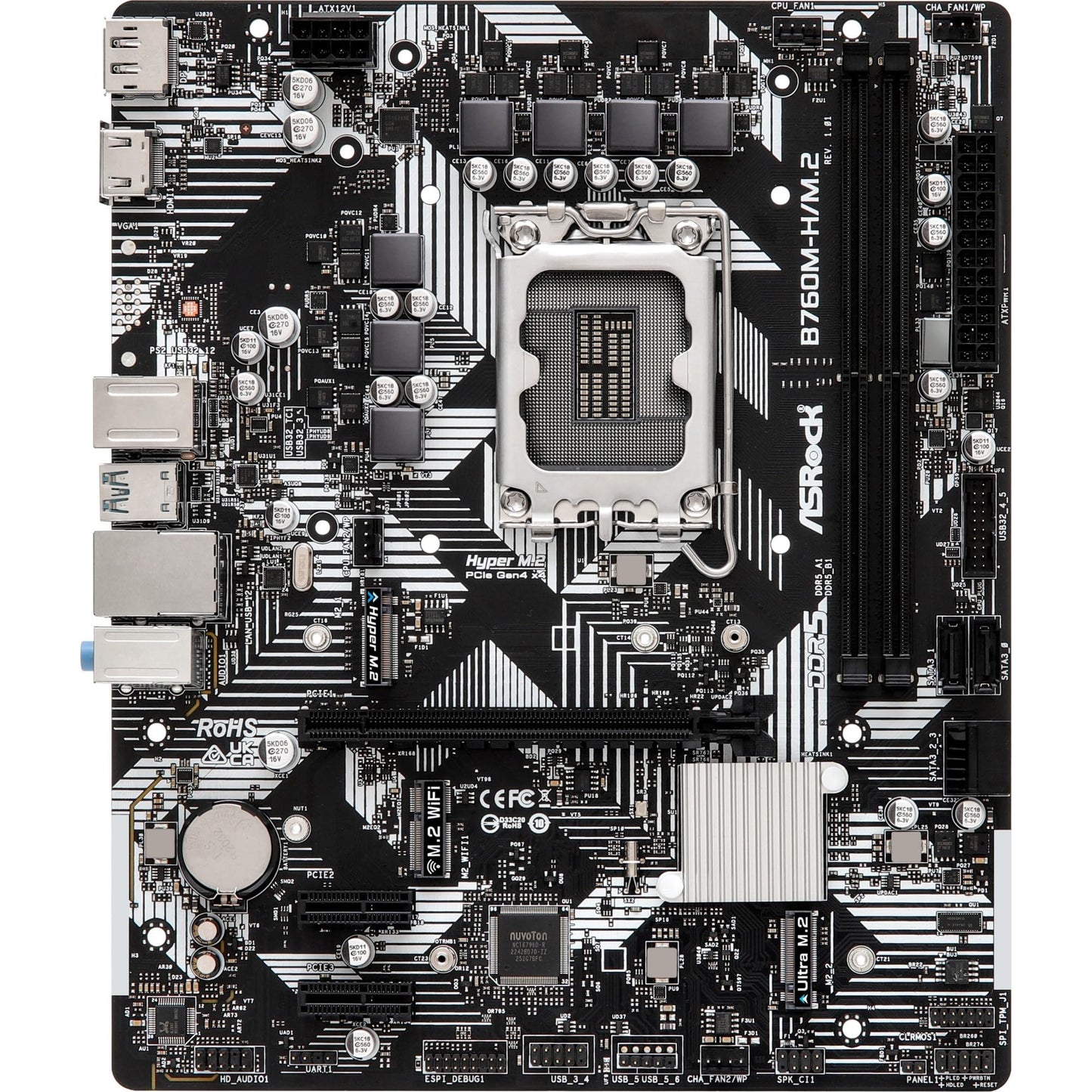 ASRock B760M-H/M.2 14th 13th 12th Gen Intel Core LGA1700 DDR5 7200 MHz 96 GB HDMI DisplayPort 5+1+1 Power Phase SATA3 6.0 Gb/s Micro ATX