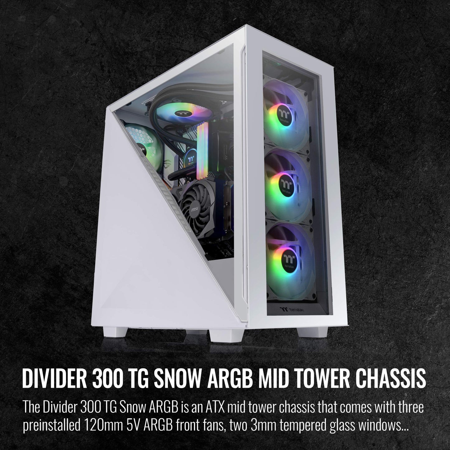 Thermaltake Technoloy Divider 300 ARGB Snow Triangular Tempered Glass Type-C (USB 3.1 Gen 2) Water Cooling Ready ATX Mid Tower Computer Case with 3 120mm ARGB Rear Fan Pre-Installed CA-1S2-00M6WN-01